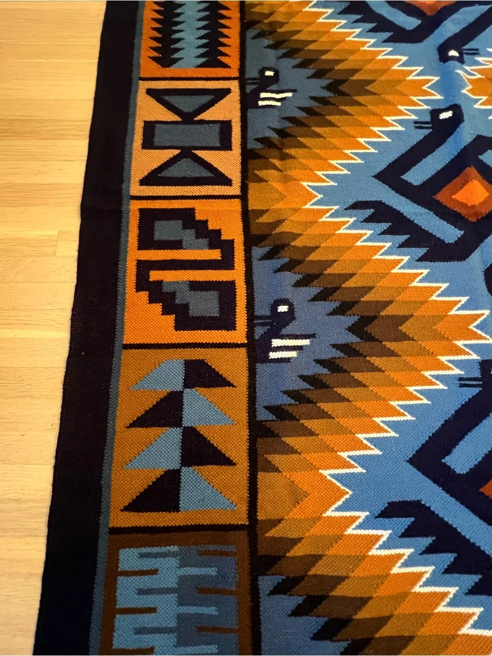 Handwoven Geometric Peruvian Rug in Blue and Brown 60”x44”